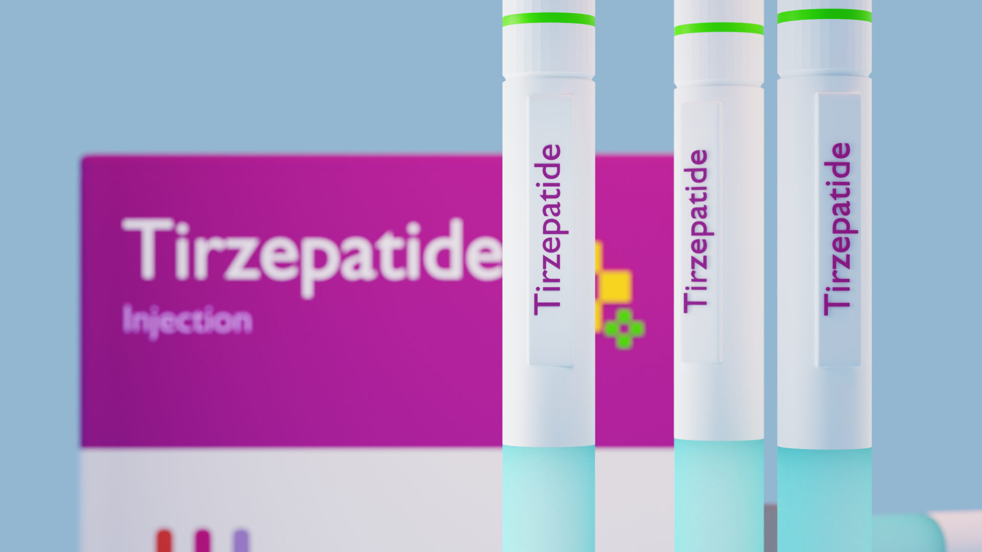 Tirzepatide for Type 2 diabetes, kit concept medical illustration, showing injection devices and the new drug